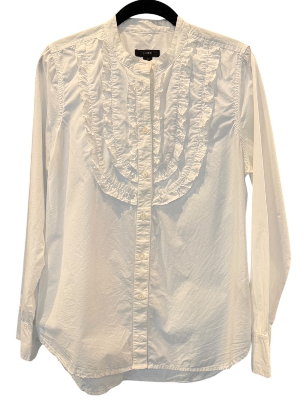 Size M J. Crew Band Collar Ruffle-Front 100% Cotton Long Sleeve Button-Down Top